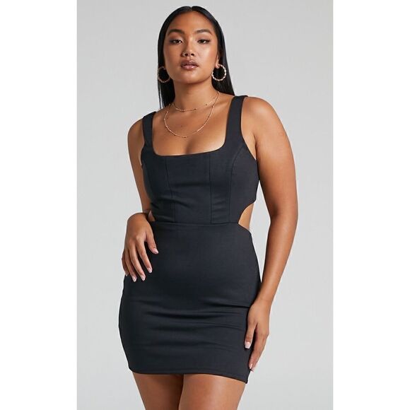NWT SHOWPO ITZEL CORSET BODICE SIDE CUTOUT MINI DRESS IN BLACK - Picture 2 of 16